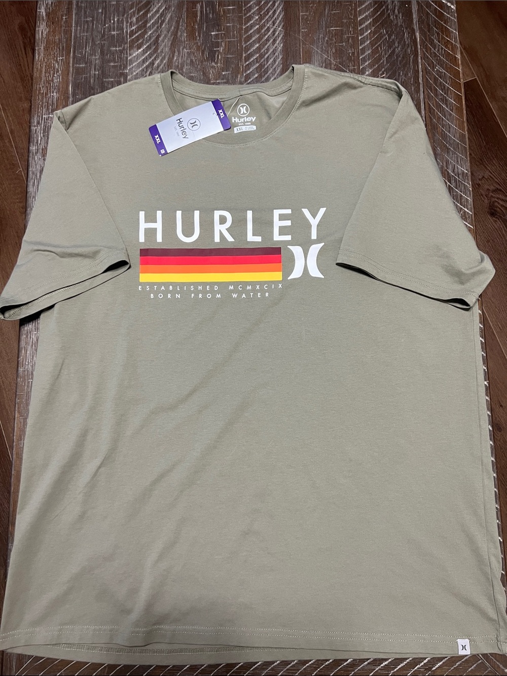 Hurley Men’s Olive Green Short Sleeve Tee with Red-Orange-Yellow Stripe Logo